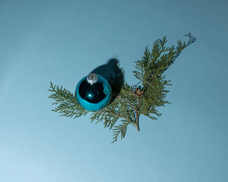 Christmas  blue boubles .Minimal New Year decoration concept.Flat lay background.の写真素材