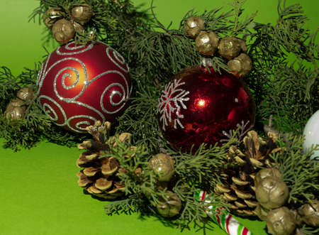 Christmas tree and red boble 
on the green background. Creativ idea.の写真素材