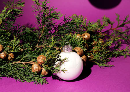 New Year's tree with golden decorations on a purple background. Minimal Christmas idea.の写真素材