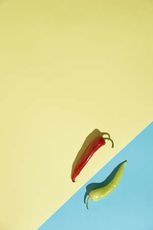 Green pepper paprika on light sea blue background in bottom right corner and red pepper paprika on light sand yellow background on right diagonal. Upper left diagonal copy space. Flat lay minimal nature summer vegetables hot food beach on sunlight concept.の写真素材