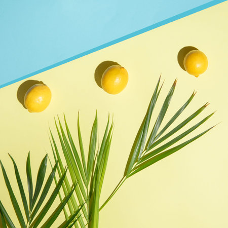 Green palm tree leaves on branches and three lemons on light sand yellow background with blue sea on...