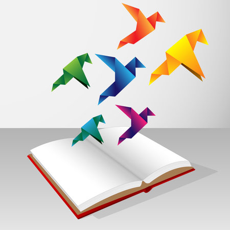 Colorfull origami birds coming out of bookのイラスト素材