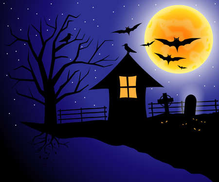 Halloween background with scary bats flying over the cemetery, old gravestone and full Moon. Spooky Halloween composition with horror house and popular holiday attributesのイラスト素材