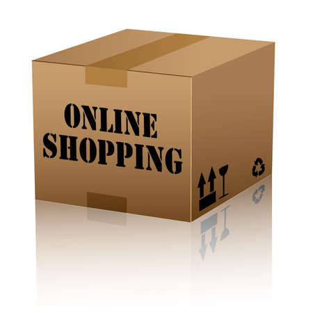 Online shopping text over cardboard box isolated. vector illustrationのイラスト素材