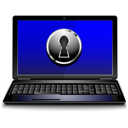 Laptop computer with a big key hole on its screen, Security Concept Illustration Design Over Whiteのイラスト素材
