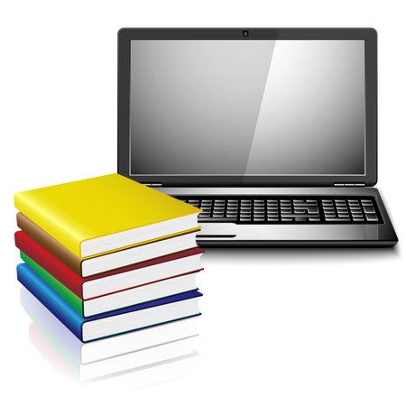 Close up of stack of colorful books and laptop on whiteのイラスト素材