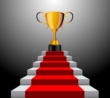 Illustration of a golden trophy on staircase with red carpet isolatedのイラスト素材