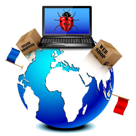 Globe with online shopping cardboard box, laptop and flags on whiteのイラスト素材