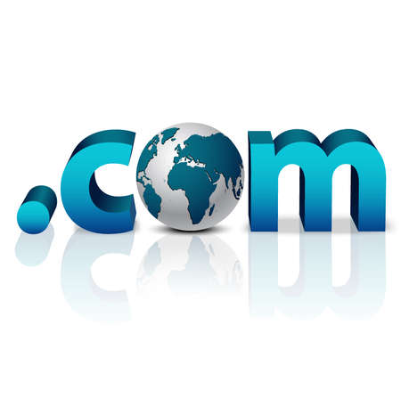 3D globe with word dot com in blue - front view with reflectionのイラスト素材