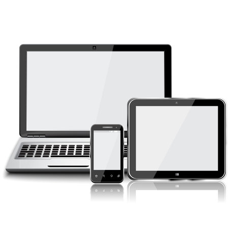 Blank electronic screens, blank empty white screens of smartphone mobile, Tablet PC and a laptop isolatedのイラスト素材