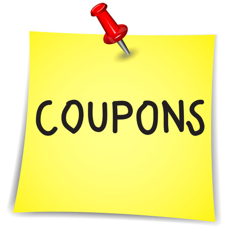 Coupons Word on a Note Paper with pin on white backgroundのイラスト素材