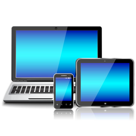 Laptop, tablet pc computer and mobile smartphone with a blank screen isolatedのイラスト素材
