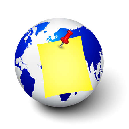 Reminder. Yellow Sheet of paper pinned with pin on earth globe, isolatedのイラスト素材