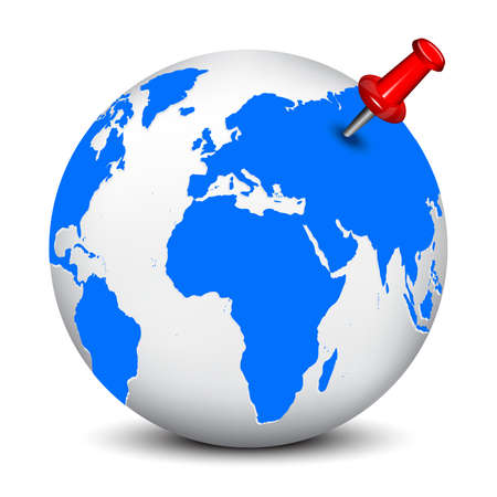 Red thumbtack on blue globe. Isolated 3D imageのイラスト素材