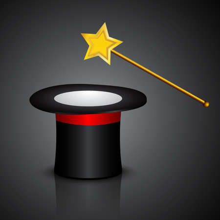 Magician Black Hat with Magician Golden Wand isolated on darkのイラスト素材