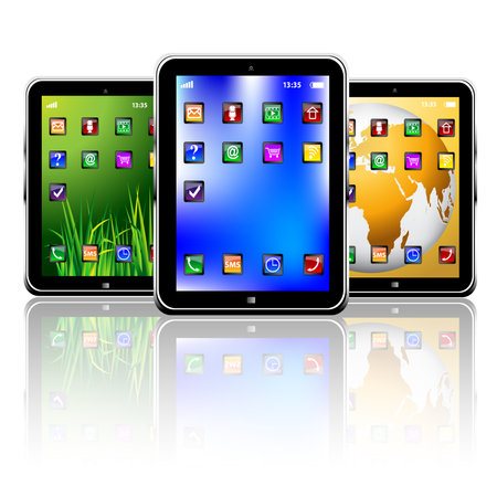 Group of digital tablet pc with different screen backgrounds. Isolatedのイラスト素材