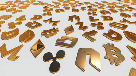 Cryptocurrency gold symbols, 3D renderingの写真素材