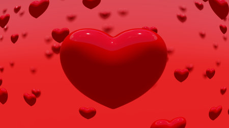 Red hearts on the red background, bokeh, 3D rendering