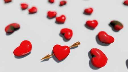 Red hearts on the white background, bokeh, 3D rendering