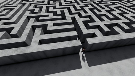 Man walking into the big labyrinth 3D rendering