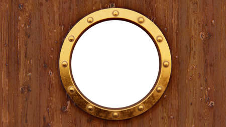 Boat porthole with woody background isolatedの写真素材