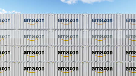 Container yard full of containers with logo of Amazon. New York, USA, 05 24 2021のeditorial素材
