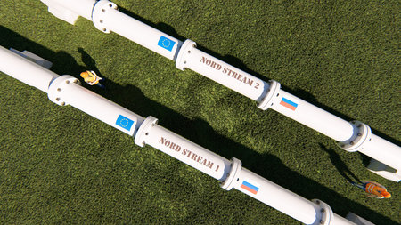 The gas pipeline with flags of Russia and EU. 3d renderingの写真素材