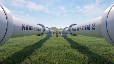 The gas pipeline with flags of Russia and EU. 3d renderingの写真素材