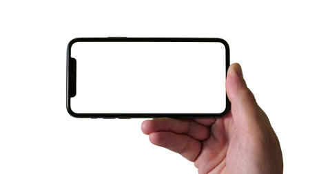 Smartphone with hand isolated on white background