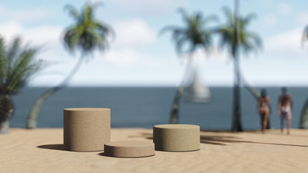 Podiums on the sandy beach with palms in background 3D renderingの写真素材