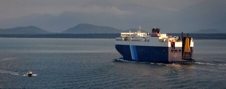 Big ro-ro ship and small pilot boat passing near.の写真素材