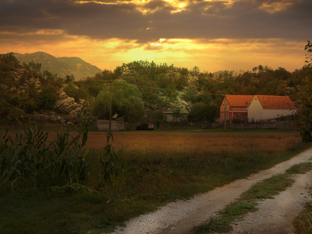 Golden sky at the sunset, road to homeの写真素材