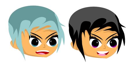 Faces of a girl with different mouth expression. Different eye and hair color.のイラスト素材