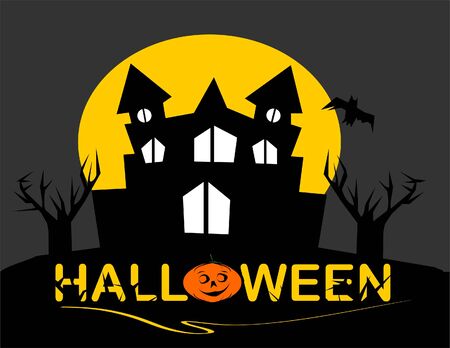 Halloween. Scary illustration containing creepy house, dead tree, moon and bat. Concept for party invitation.のイラスト素材