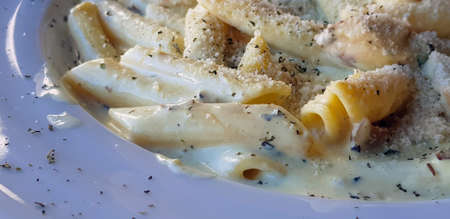 Pasta in white sauce, a delicacy Mediterranean dish.の写真素材
