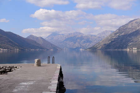Beautiful Bay of Boka Kotorska. Blue sky and calm clear water.の写真素材