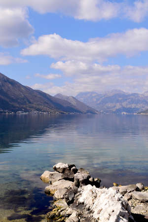 Beautiful Bay of Boka Kotorska. Blue sky and calm clear water.の写真素材