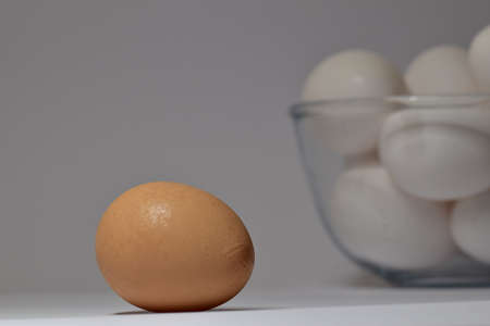Brown egg separate and out of the cup filled with white eggs. Various light adjustments.の写真素材