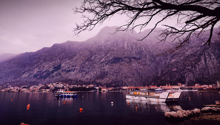 Landscape of Kotor Bay, Montenegro. Filtered image processed vintage effect.の写真素材