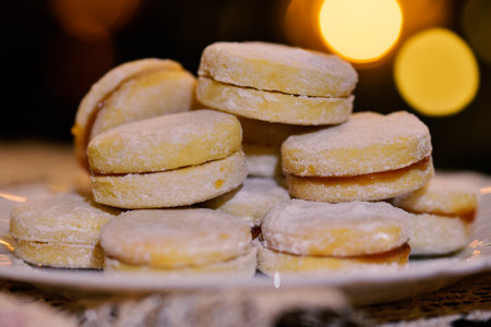 Closeup of a group of cookies on a plate with blurred backgroundの写真素材