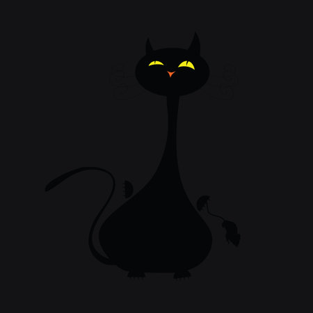 cat holding a mouse illustration on black backgroundのイラスト素材