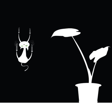 cat slides down the wall with white silhouette flowerのイラスト素材