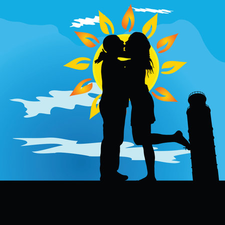 couple kissing by leaning tower of Pisa on blue backgroundのイラスト素材