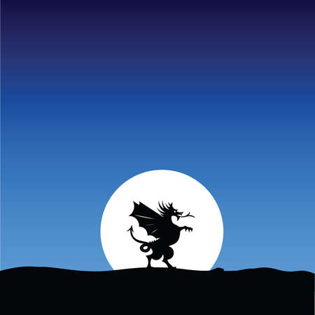 dragon silhouette on the moon background illustrationのイラスト素材
