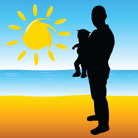 father with a baby on the beach and sun illustrationのイラスト素材