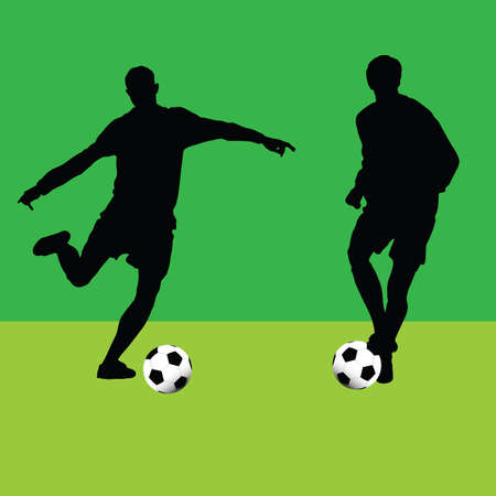 football player with ball silhouette vector on greenのイラスト素材
