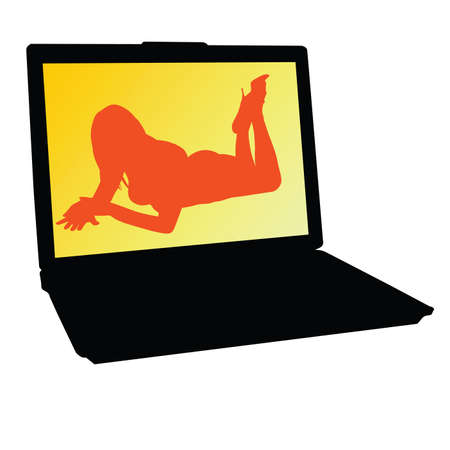 girl on laptop background orange vector illustrationのイラスト素材