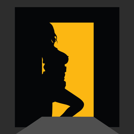 girl silhouette at the door with yellow backgroundのイラスト素材