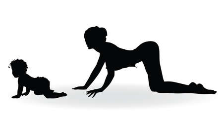 girl and baby black silhouette on white backgroundのイラスト素材