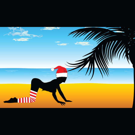 girl in red hat on the beach with palm treeのイラスト素材